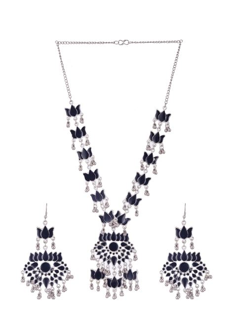 

CARDINAL Silver-Toned Black Stone-Studded & Beaded Jewellery Set