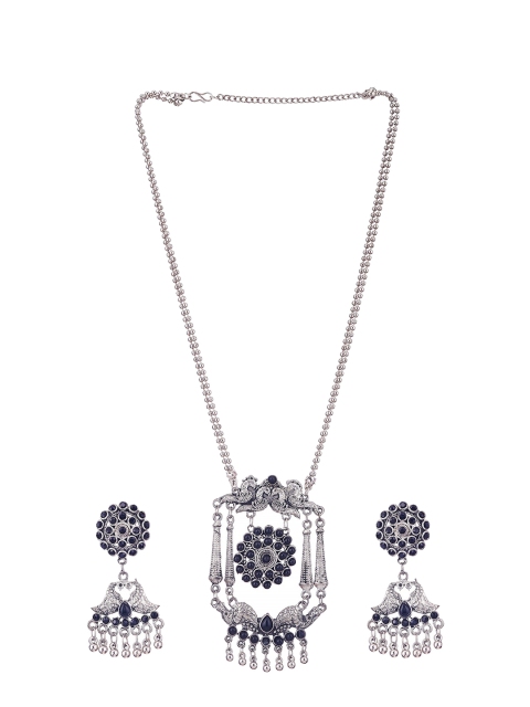 

CARDINAL Silver-Toned Black Oxidized Stone-Studded Jewellery Set