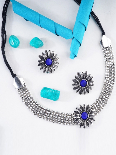 

CARDINAL Silver-Toned Blue Stone Studded Choker Necklace Set
