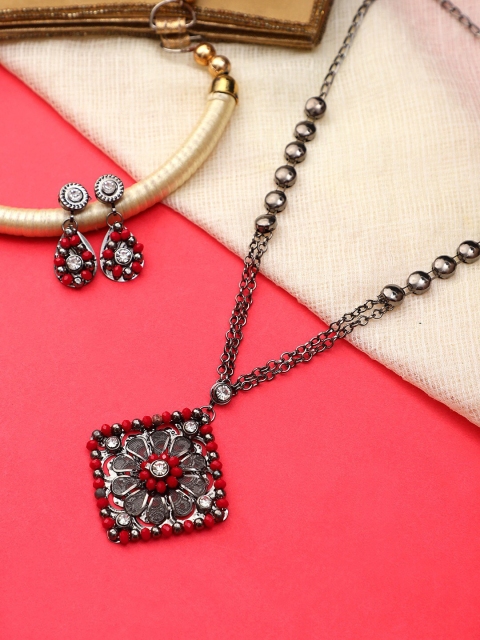 

CARDINAL Silver-Toned Red Stone-Studded & Beaded Jewellery Set
