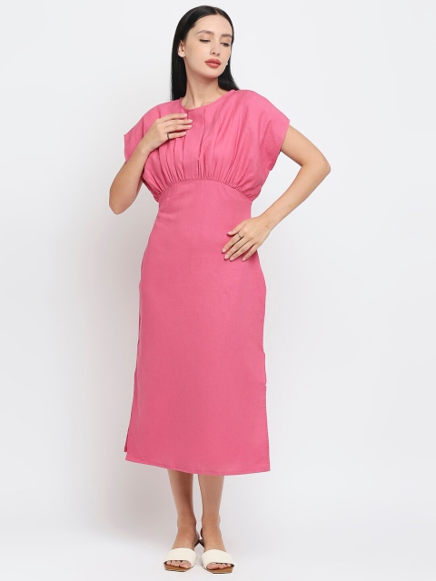

MOD ECRU Pink & sunkist coral Striped Empire Midi Dress