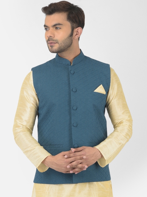 

DEYANN Men Navy Blue Embellished Pure Cotton Nehru Jackets