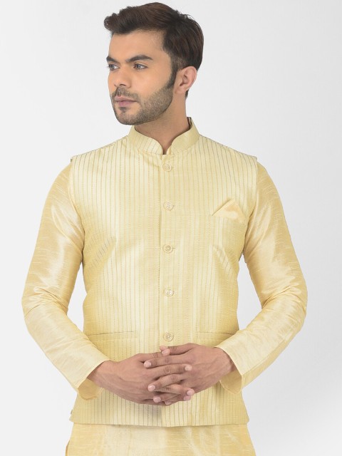 DEYANN Men Cream Colored Striped Woven Nehru Jackets