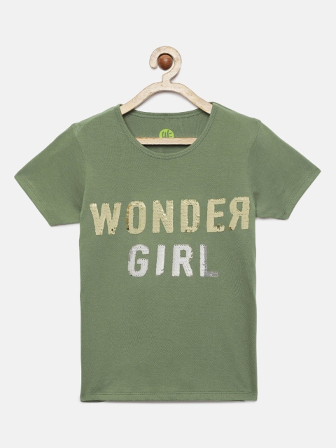 

YK Girls Olive Typography Sequined Cotton T-shirt, Green