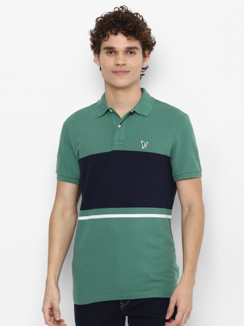 

AMERICAN EAGLE OUTFITTERS Men Green Striped Polo Collar Applique T-shirt
