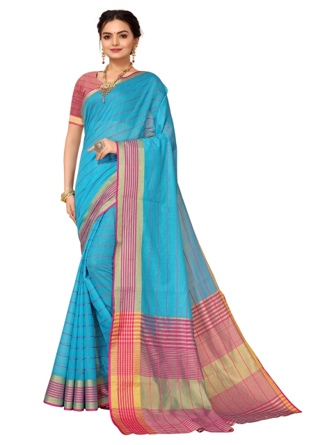 

Nimayaa Turquoise Blue & Pink Striped Kanjeevaram Saree