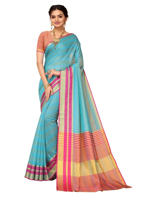 

Nimayaa Turquoise Blue & Red Striped Kanjeevaram Saree