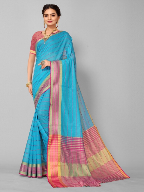 

KALINI Turquoise Blue & Pink Striped Zari Kanjeevaram Saree