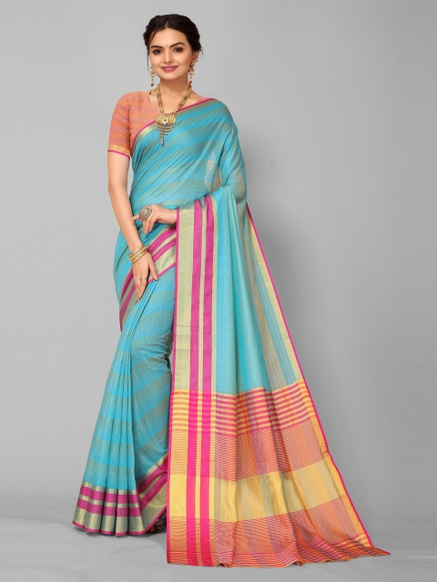 

KALINI Turquoise Blue & Red Striped Zari Kanjeevaram Saree