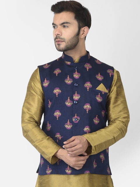 

DEYANN Men Navy-Blue & Pink Printed Woven Nehru Jacket
