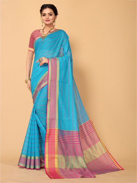 

Sangria Turquoise Blue & Pink Striped Zari Kanjeevaram Saree