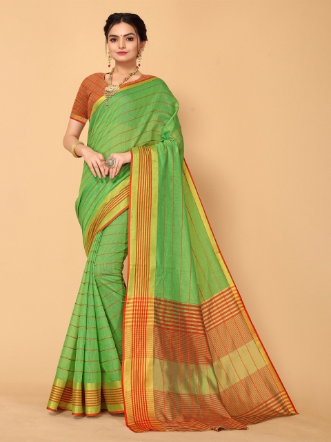 

Sangria Green & Orange Striped Zari Kanjeevaram Saree