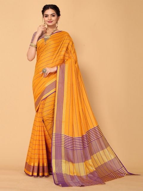 

Sangria Mustard Yellow & Purple Striped Zari Kanjeevaram Saree