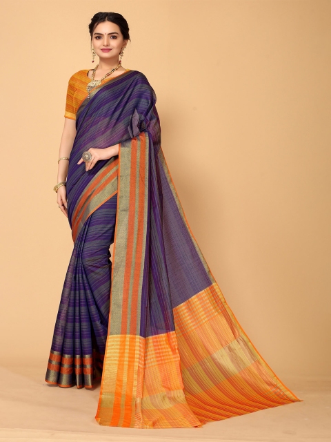 

Sangria Purple & Orange Striped Zari Kanjeevaram Saree