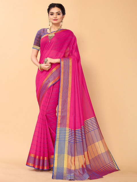 

Sangria Pink & Purple Striped Zari Kanjeevaram Saree