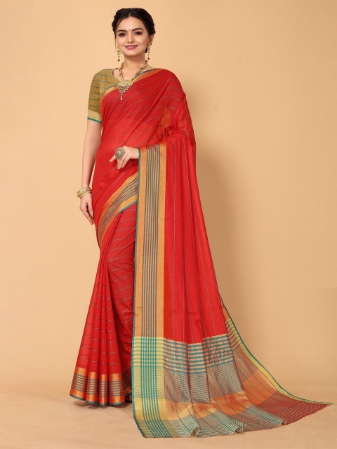 

Sangria Orange & Sea Green Striped Zari Kanjeevaram Saree