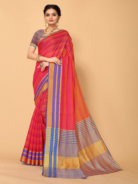 

Sangria Pink & Blue Striped Zari Kanjeevaram Saree