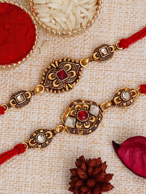 

eCraftIndia Gold-Toned & Red Stone Studded Rakhi with Roli & Chawal