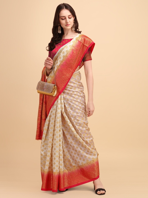 

Wuxi Cream-Coloured & Red Woven Design Zari Pure Silk Banarasi Saree