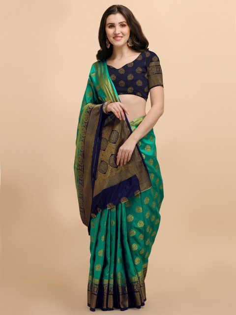 

Wuxi Teal & Gold-Toned Woven Design Zari Pure Silk Banarasi Saree