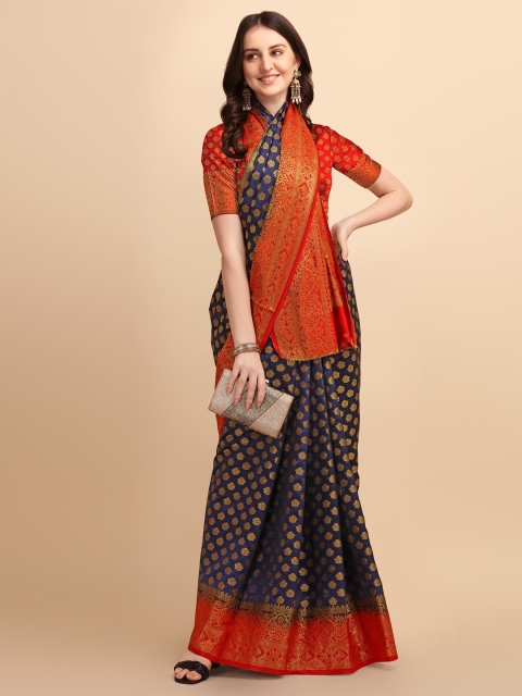 

Wuxi Navy Blue & Red Woven Design Pure Silk Banarasi Saree