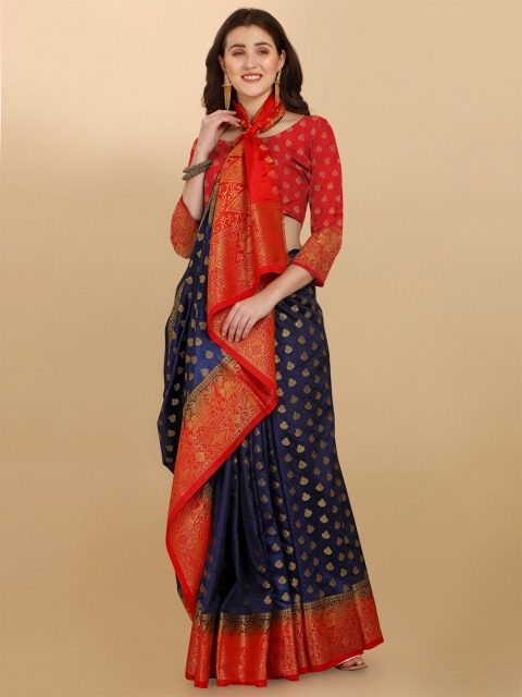

Wuxi Navy Blue & Red Woven Design Zari Pure Silk Banarasi Saree