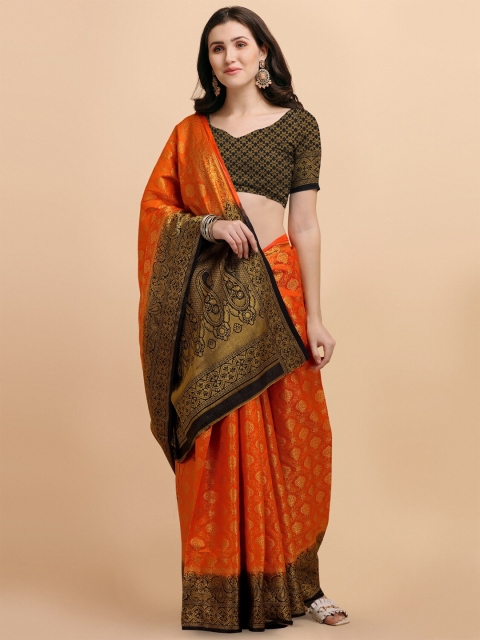 

Wuxi Orange & Black Woven Design Pure Silk Banarasi Saree