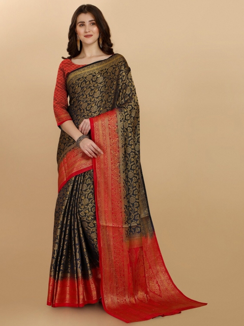 

Wuxi Navy Blue & Red Woven Design Pure Silk Banarasi Saree
