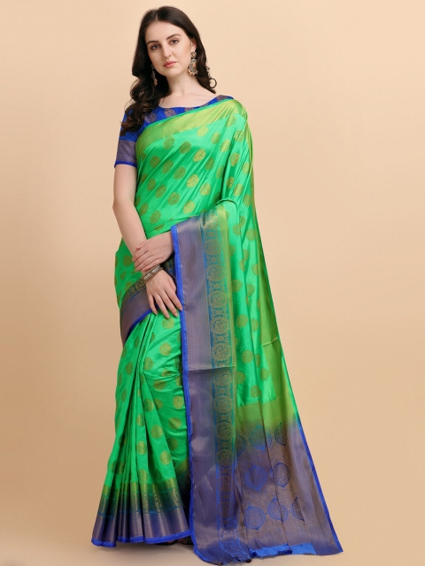 

Wuxi Sea Green & Navy Blue Woven Design Zari Pure Silk Banarasi Saree