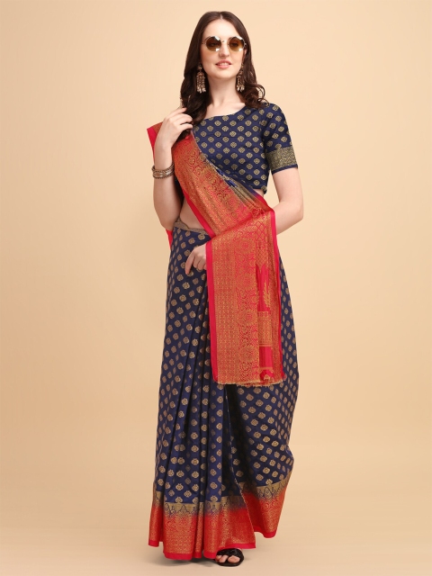 

Wuxi Navy Blue & Red Woven Design Zari Pure Silk Banarasi Saree