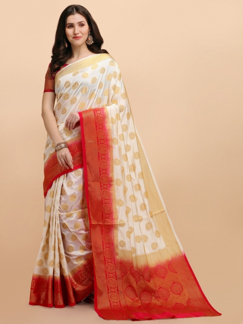 

Wuxi Cream-Coloured & Red Woven Design Zari Pure Silk Banarasi Saree