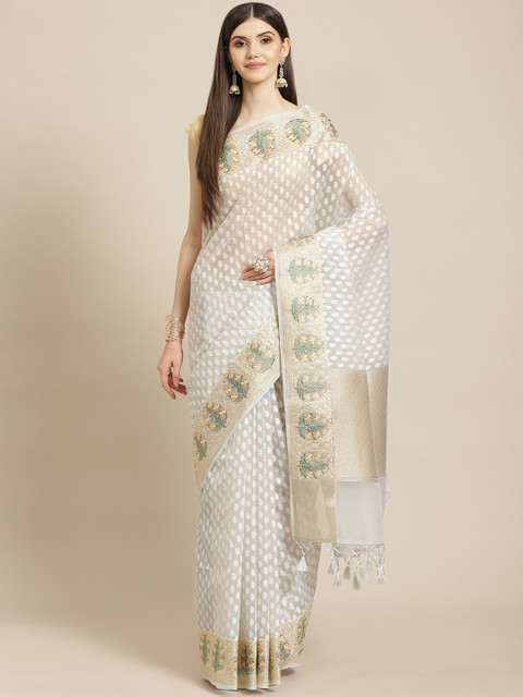 

Meena Bazaar White & Beige Woven Design Silk Blend Saree with Blouse Piece