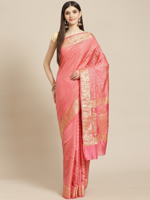 

Meena Bazaar Peach-Coloured & Golden Woven Design Saree with Blouse Piece