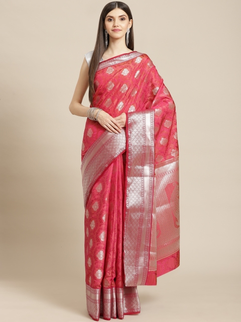

Meena Bazaar Magenta & Silver Woven Design Silk Blend Saree with Blouse Piece