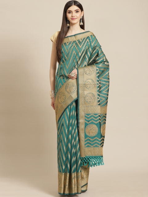 

Meena Bazaar Green & Golden Woven Design Pure Cotton Saree with Blouse