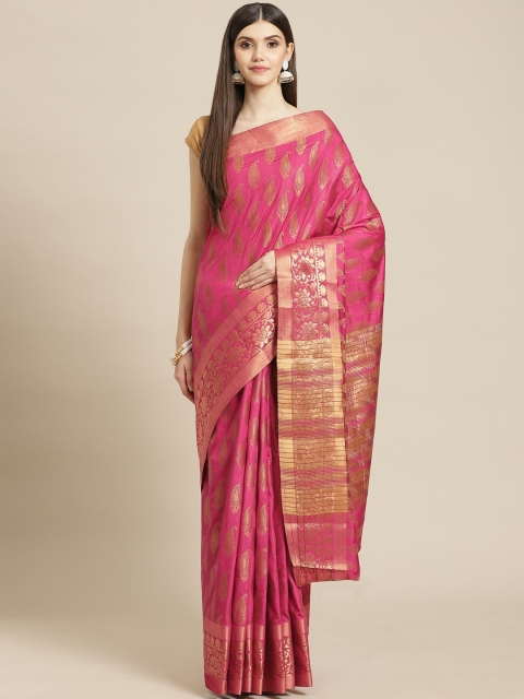 

Meena Bazaar Magenta & Golden Woven Design Silk Blend Saree with Blouse Piece