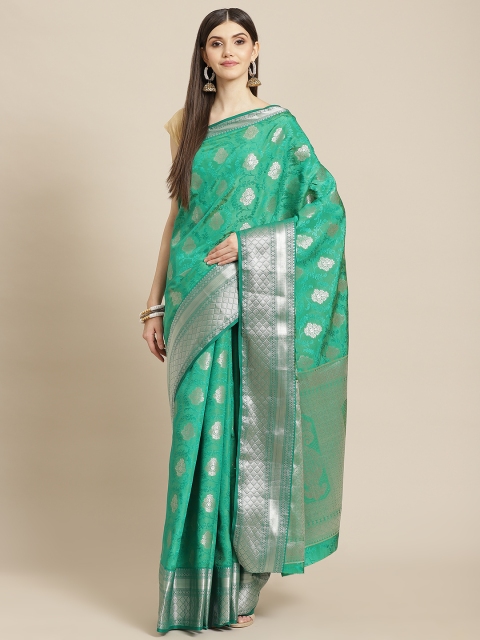 

Meena Bazaar Green Woven Design Saree with Blouse