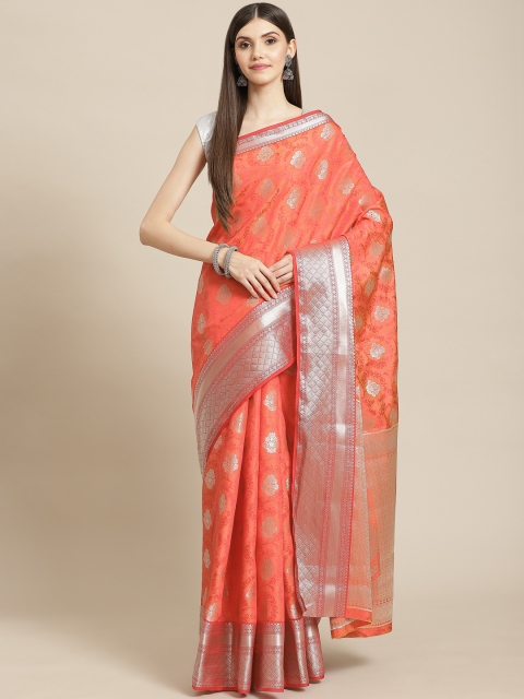 

Meena Bazaar Red & Silver Woven Design Silk Blend Saree with Blouse Piece