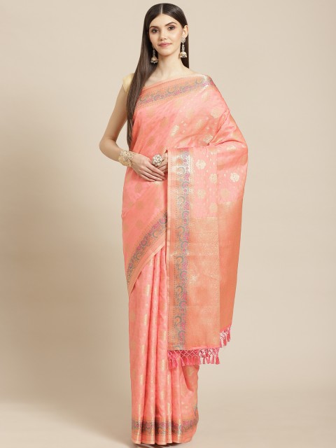 

Meena Bazaar Peach-Coloured & Golden Woven Design Pure Cotton Saree with Blouse Piece