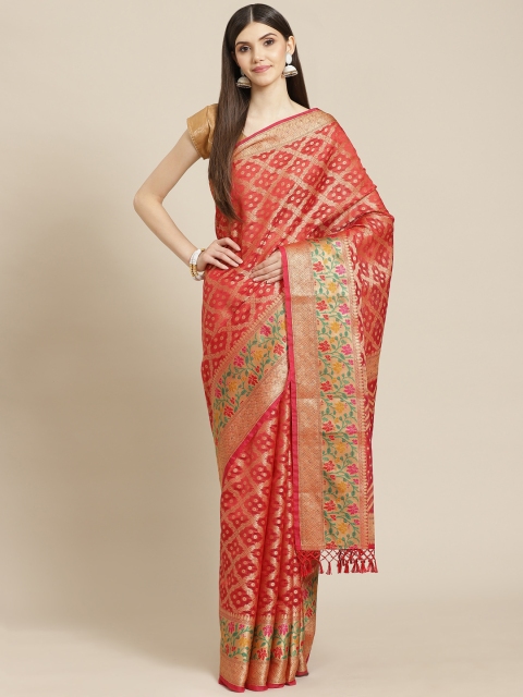 

Meena Bazaar Red & Beige Woven Design Pure Cotton Saree with Blouse Piece