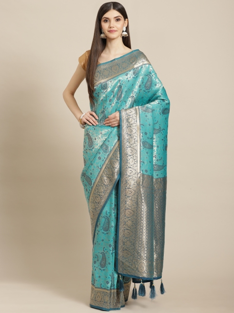 

Meena Bazaar Blue & Silver-Toned Woven Design Silk Blend Saree with Blouse Piece