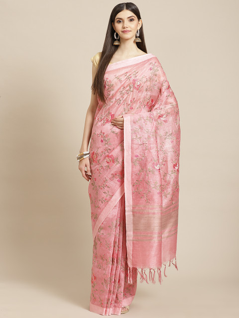 

Meena Bazaar Pink Floral Woven Design Saree with Blouse