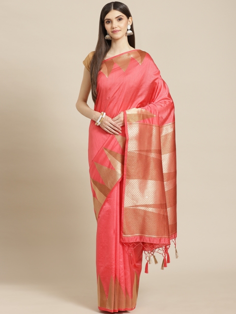 

Meena Bazaar Coral Pink & Golden Woven Design Silk Blend Saree with Blouse Piece