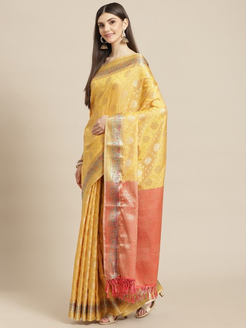 

Meena Bazaar Yellow & Golden Woven Design Pure Cotton Saree with Blouse
