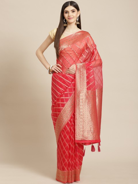 

Meena Bazaar Pink Woven Design Organza Saree with Blouse Piece