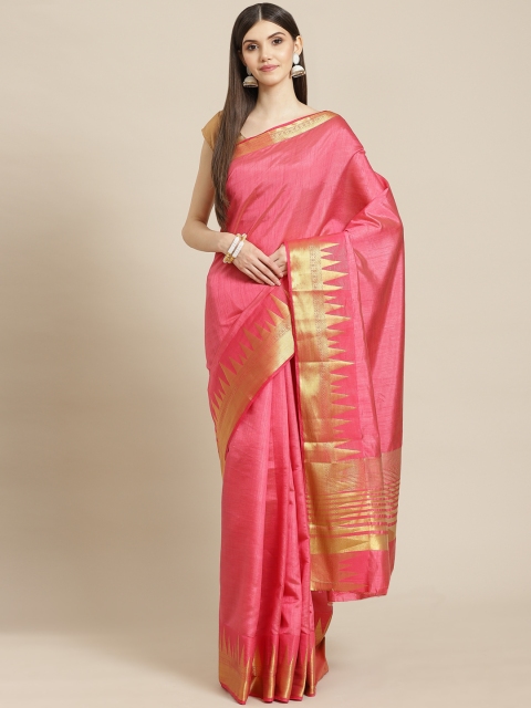 

Meena Bazaar Pink & Golden Woven Design Silk Blend Saree with Blouse Piece