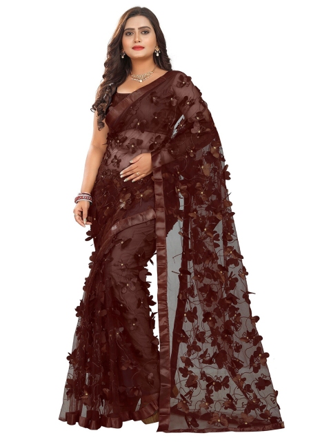 

DITISA FASHION Brown Floral Embroidered Net Saree