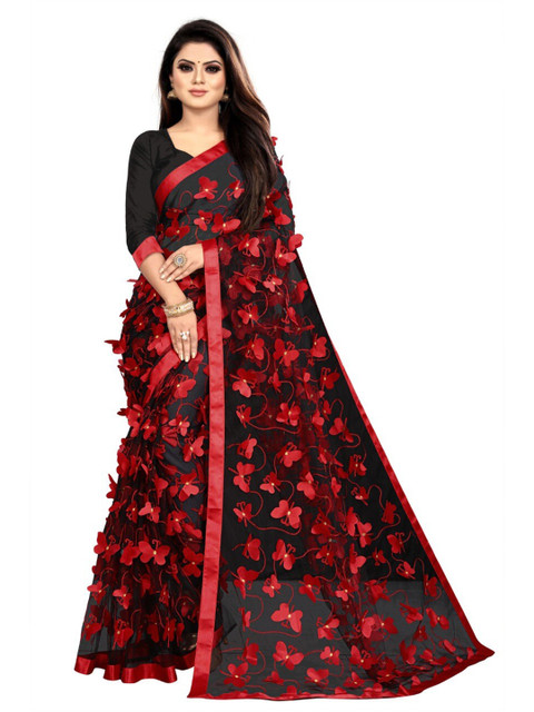

DITISA FASHION Black & Red Floral Embroidered Net Saree