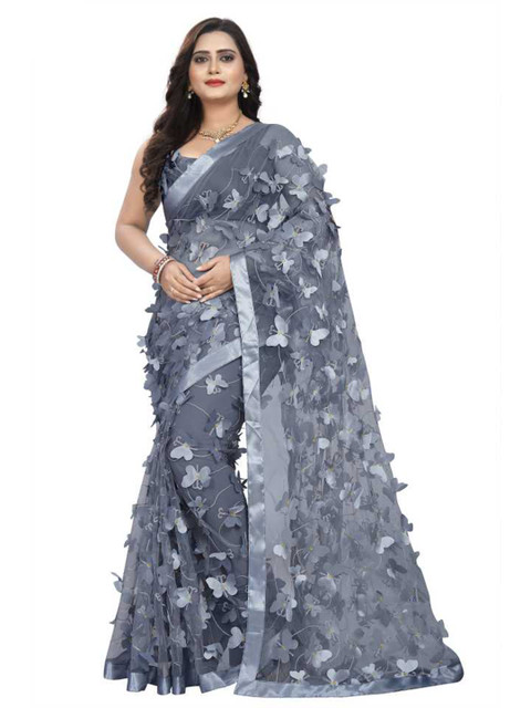 

DITISA FASHION Grey Floral Embroidered Net Saree
