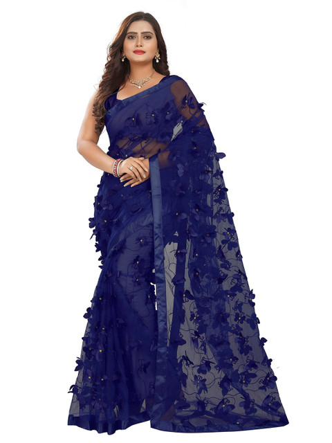 

DITISA FASHION Navy Blue Floral Embroidered Net Saree